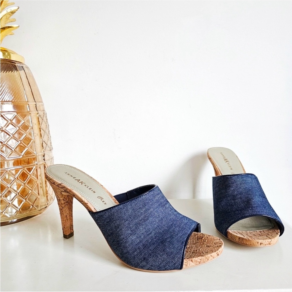 Anne Klein Denim Open-Toe Cork Heel Mules in Navy
